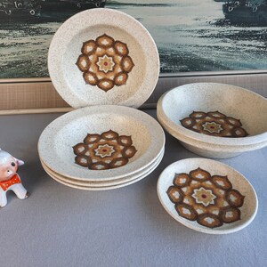image shows Royal Worcester Palissy Kalabar shallow and deep bowls, and a little dish in 70s geometric design for casual dining
