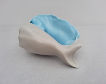 Poole Pottery sky blue & dove grey conch shell ornament | ceramic 60s nautical dish sculpture in Twintone C104 | stunning vintage "seashell"
