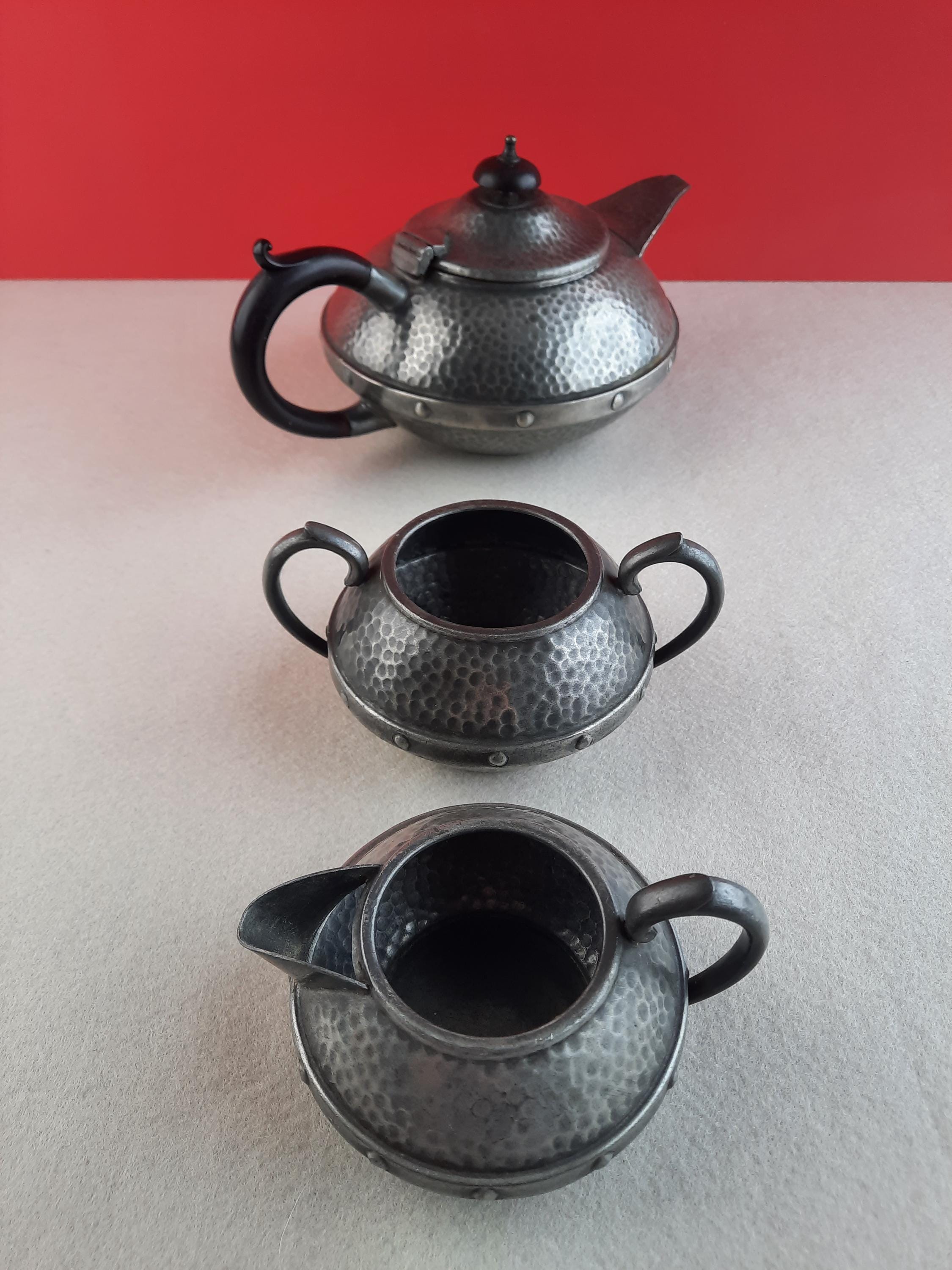 Arts and Crafts Pewter Teapot Set | 1920s Craftsman Sheffield