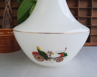 60s white glass pendant light shade, decorated with vintage car illustrations | large opaque glass shade, in unusual sleek midcentury shape