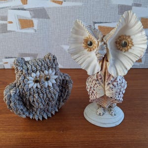 vintage shell owl ornaments | 1970s handcrafted kitsch owl figurines made with seashells, most likely originally beach holiday souvenirs