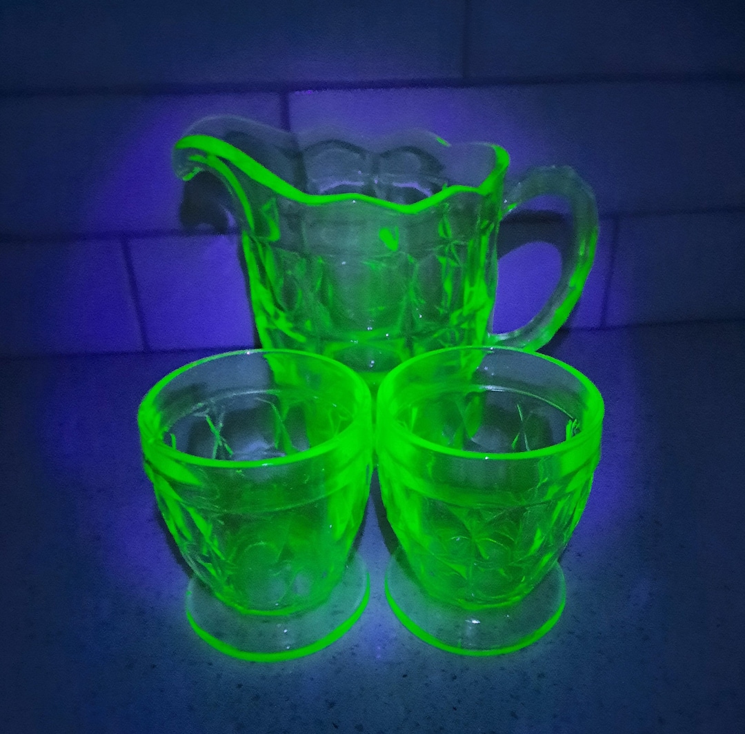 Uranium Glass Jug & 2 Beakers 1930s Sowerby Oxford Pattern no. 2481 Art