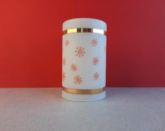 white opaque glass pendant shade, with textured orange star shapes and gold coloured bands | unusual 1960s cylindrical pendant ceiling shade