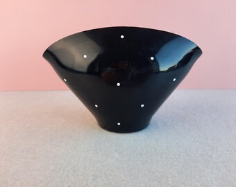 Fantail Bagley Jetique posy vase | collectable 30s art deco glass vase, model no 3217 | shiny jet black glass with white painted polka dots