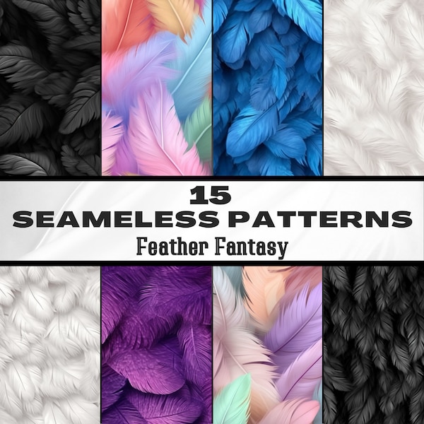 Feather Pattern Seamless Tiles - 15 Beautiful Feathers, Versatile for DIY, Print, Fabric, Crafts -Colorful, Black and White Paper Collection