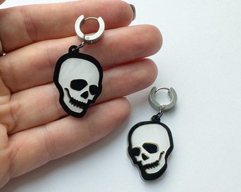 Skull Earrings, Spooky Halloween Gothic Drop, Acrylic Black and White, Unique Quirky Novelty Dangle, Jewellery hoop or stud skeleton clip-on