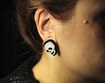 Skull Earrings, Spooky Halloween Gothic Drop, Acrylic Black and White, Unique Quirky Novelty Dangle, Jewellery hoop or stud skeleton clip-on