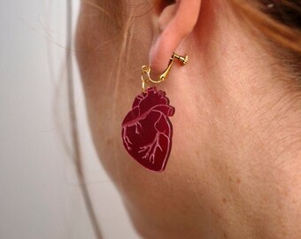 Anatomical Heart dangle drop statement light-weight hoop earrings in acrylic, Valentine's day romantic gift, clip-on option, stainless steel