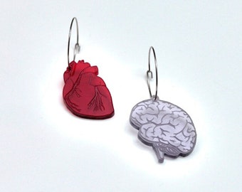 Anatomical Heart & brain statement light-weight asymmetrical hoop earrings in acrylic, Valentine's day romantic gift, stainless steel