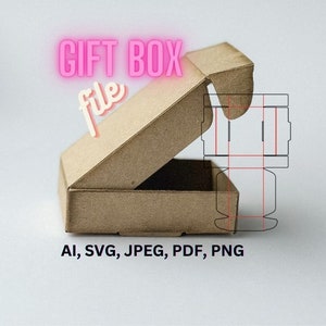 May include: An open, light brown gift box with a hinged lid. The words "GIFT BOX file" are in pink neon-style text above the box. A diagram of the box's design is to the right. Below the box are the file types: AI, SVG, JPEG, PDF, PNG.