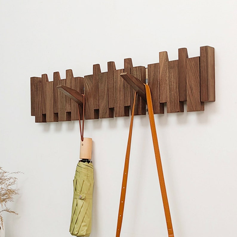 Solid wood hooks,Coat rack,piano keys shaped hooks,creative hooks into the living room wall hanging wall without drilling installation Walnut