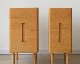 Set van 2 minimalistische nachtkastjes/nachtkastjes, handgemaakt kersenhouten nachtkastje, styling modieus en duurzaam