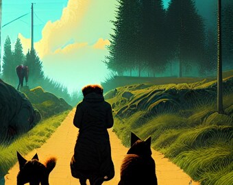 Walking German Shepherd Dogs Abstract Digital Art Painting on Canvas Multiple Sizes