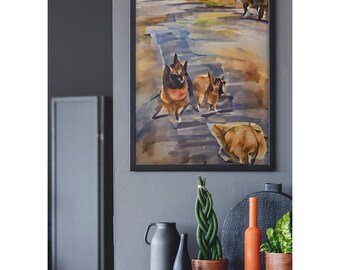Walking German Shepherd Dogs Abstract Digital Art Painting on Canvas Multiple Sizes