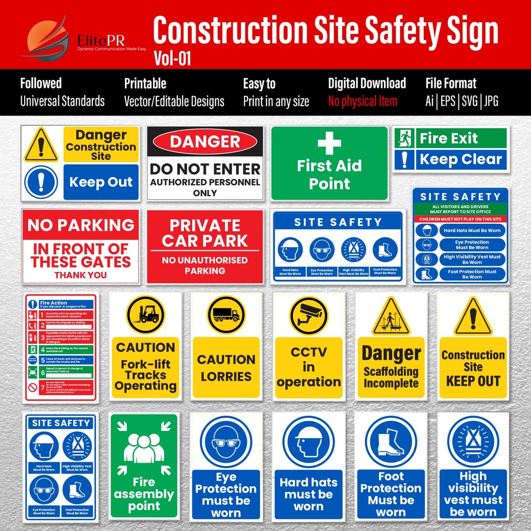Construction Site Safety Signs: Printable Vector Design, Emergency Tech ...