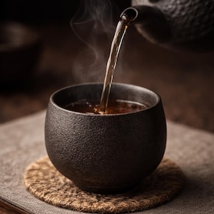 Può includere: Primo piano di una tazza da tè in ceramica nera che viene riempita di tè da una teiera abbinata. Il vapore sale dalla tazza, suggerendo che il tè sia caldo. La tazza è appoggiata su un sottobicchiere intrecciato e un panno di lino grigio.