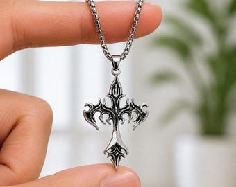 Flame Cross Necklace, Gothic Cross Pendant, Silver Punk Rock Jewelry, Alternative Necklace