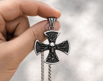 Skull Cross Necklace, Gothic Skull Pendant, Stainless Steel Biker Necklace, Punk Jewelry for Men