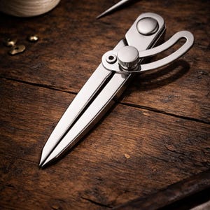 May include: A shiny, silver metal compass tool with a curved handle and adjustable screw sits on a dark wooden surface. A spool of thread, an awl, and other tools are also visible, suggesting a craft or leatherworking theme.