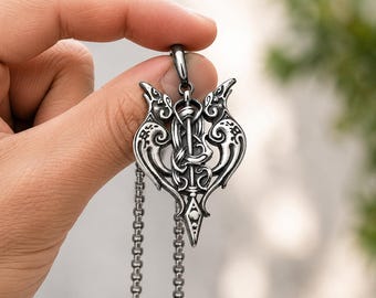 Viking Raven Necklace, Norse Sword Pendant, Stainless Steel Viking Jewelry