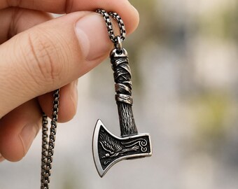 Viking Axe Necklace, Norse Axe Pendant, Stainless Steel Viking Jewelry for Men