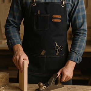 Puede incluir: Delantal de carpintero negro con detalles de cuero y herrajes de latón. El delantal tiene múltiples bolsillos, que contienen herramientas como tijeras y un lápiz. Un bloque de madera y un cepillo descansan sobre una superficie de madera, lo que sugiere carpintería.