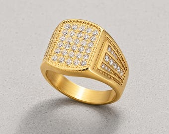 Men's Rhinestone Signet Ring, Stainless Steel Statement Ring, Gold or Silver, Square Ring