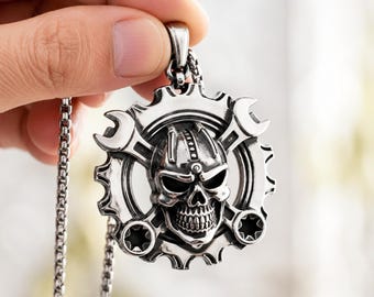 Mechanical Skull Necklace, Wrench Gear Pendant, Stainless Steel Biker Jewelry