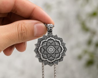 Mandala Necklace, Stainless Steel Flower Pendant, Meditation Spiritual Jewelry