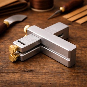 Puede incluir: Una herramienta plateada para ranurar bordes de cuero con perillas de latón y marcas de medición. La herramienta está diseñada para trabajos en cuero y tiene un diseño en forma de cruz. Otras herramientas y materiales de marroquinería están en el fondo.