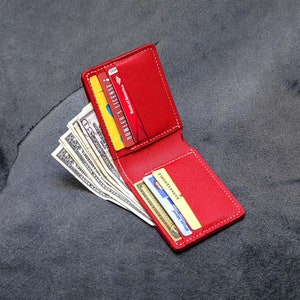 Monedero plegable de cuero italiano rojo hecho a mano: billetera personalizada, tarjetero, clip para billetes y organizador, regalo para Navidad