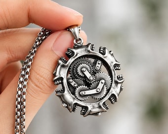 Steampunk Skull Necklace, Mechanical Gear Pendant, Gothic Stainless Steel Skeleton Jewelry