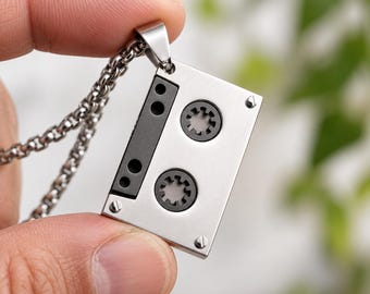 Cassette Tape Necklace, Stainless Steel Retro Music Pendant, Punk Jewelry for Men Women