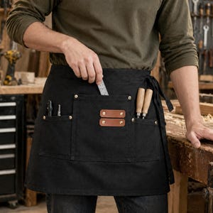 Puede incluir: Delantal de cintura negro con múltiples bolsillos, ideal para carpintería o artesanía. Cuenta con remaches de latón, detalles de cuero y cierre de lazo. Los bolsillos contienen herramientas como lápices y cinceles.