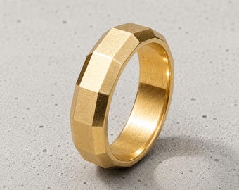 Men's Geometric Ring, Faceted Stainless Steel Band, Wide Minimalist Ring, Modern Punk Jewelry