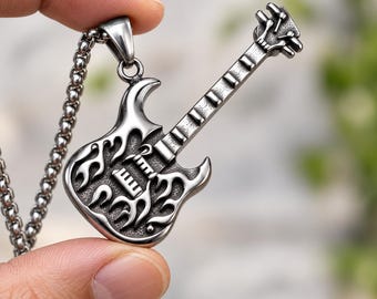 Electric Guitar Necklace, Stainless Steel Rock Pendant, Music Jewelry for Men Women
