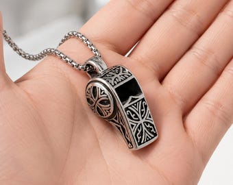 Stainless Steel Whistle Necklace, Punk Whistle Pendant, Men's Gothic Jewelry, Long Chain Necklace