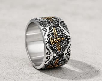 Faravahar Ring, Persian Stainless Steel Ring, Zoroastrian Symbol Wide Band, Men's Statement Jewelry