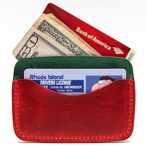 Tarjetero de cuero hecho a mano: billetera minimalista delgada, cuero italiano de primera calidad rojo y verde, regalo personalizado para esposo, papá, novio