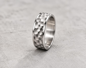 Hammered Stainless Steel Ring, Wide Textured Band, Punk Rock Unisex Ring