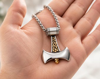 Viking Axe Necklace, Norse Knotwork Pendant, Stainless Steel Nordic Jewelry