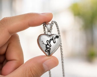 Broken Heart Necklace, Stitched Heart Pendant, Stainless Steel Gothic Jewelry