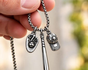 Baseball Necklace, Bat Glove and Cap Pendant, Stainless Steel Baseball Jewelry