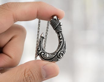 Viking Hook Necklace, Stainless Steel Fish Hook Pendant, Norse Jewelry for Men