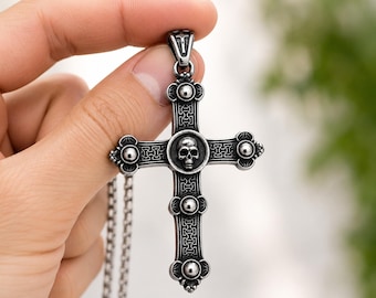 Skull Cross Necklace, Gothic Stainless Steel Pendant, Punk Jewelry for Men