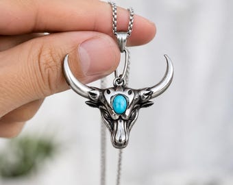 Bull Skull Necklace, Turquoise Bull Head Pendant, Western Biker Jewelry for Men