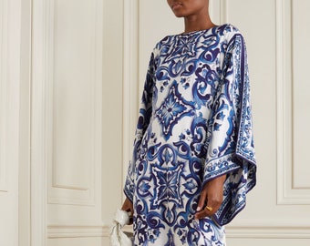 Caftan imprimé en organza et soie, caftan imprimé à porter au quotidien, caftan court pour femme, robe de soirée, cadeau pour elle.