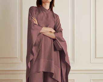 Caftan de bureau pour femme, ensemble uni uni, haut coréen en nida et pantalon large, paire complète de tenues de maison, ensemble modeste pour femme.