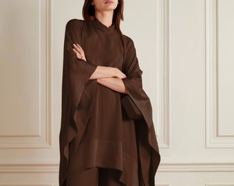 Caftan de bureau pour femme, paire complète de vêtements de maison modestes, ensemble uni pour femme, haut coréen Nida et pantalon large.