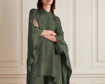 Paire complète de vêtements d'intérieur, ensemble modeste pour femme, caftan de bureau pour femme, ensemble uni uni, haut coréen en nida et pantalon large,